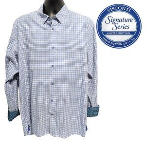 Visconti Signature Series Limited Edition Blue Plaid Shirt XL Flip Cuff Cotton